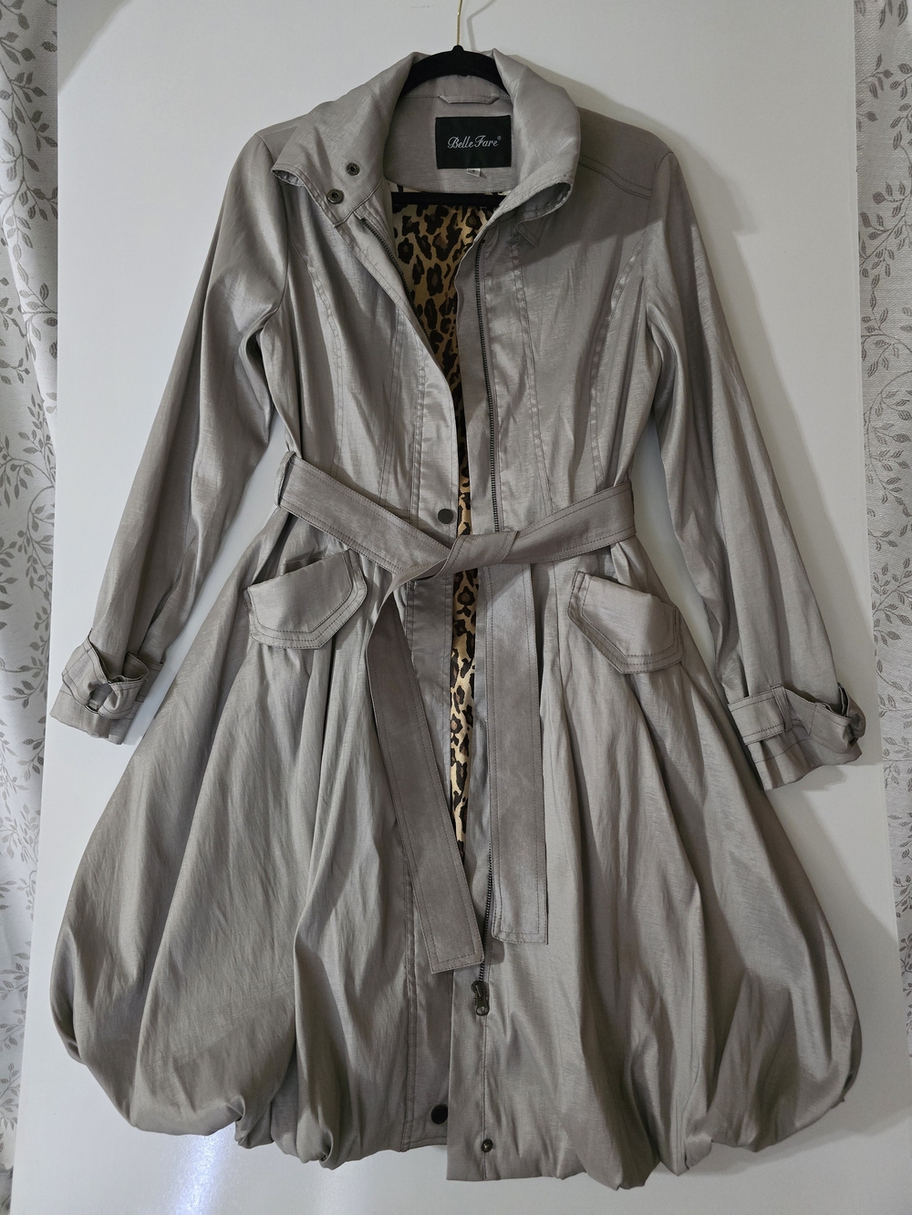 Bella Fiori Light Gray Bubble-Hem Trench Coat with Tie Belt